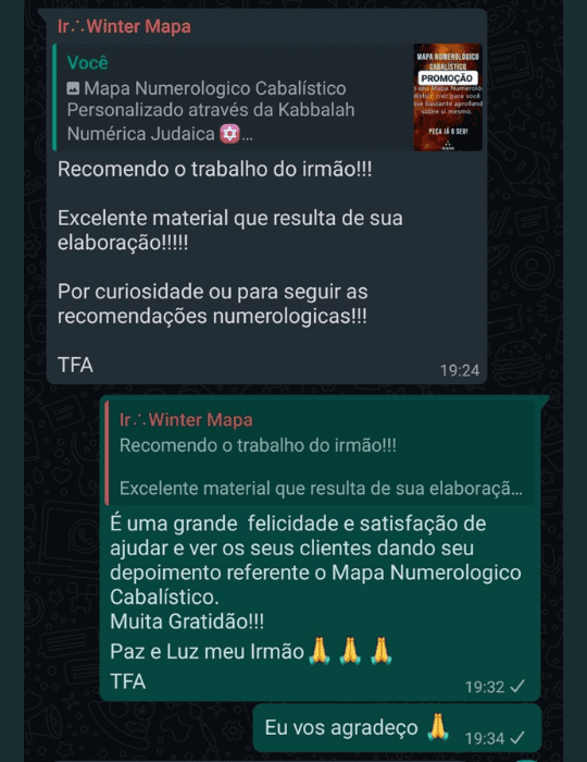 Captura real de uma conversa no WhatsApp com o relato de Winter sobre o mapa numerológico.